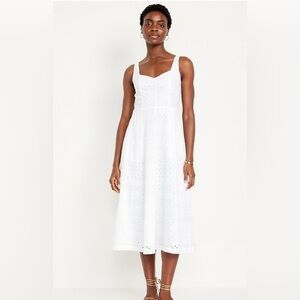 Old Navy Fit N Flare White Eyelet Beachy Easter Spring Summer Cotton Midi Dress